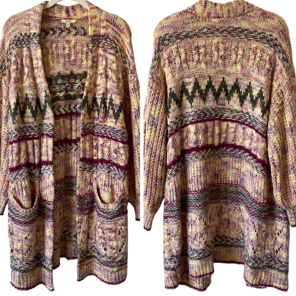 KORI AMERICA Bohemian Long Length Cardigan Sweater Multicolor S/M Open Front
